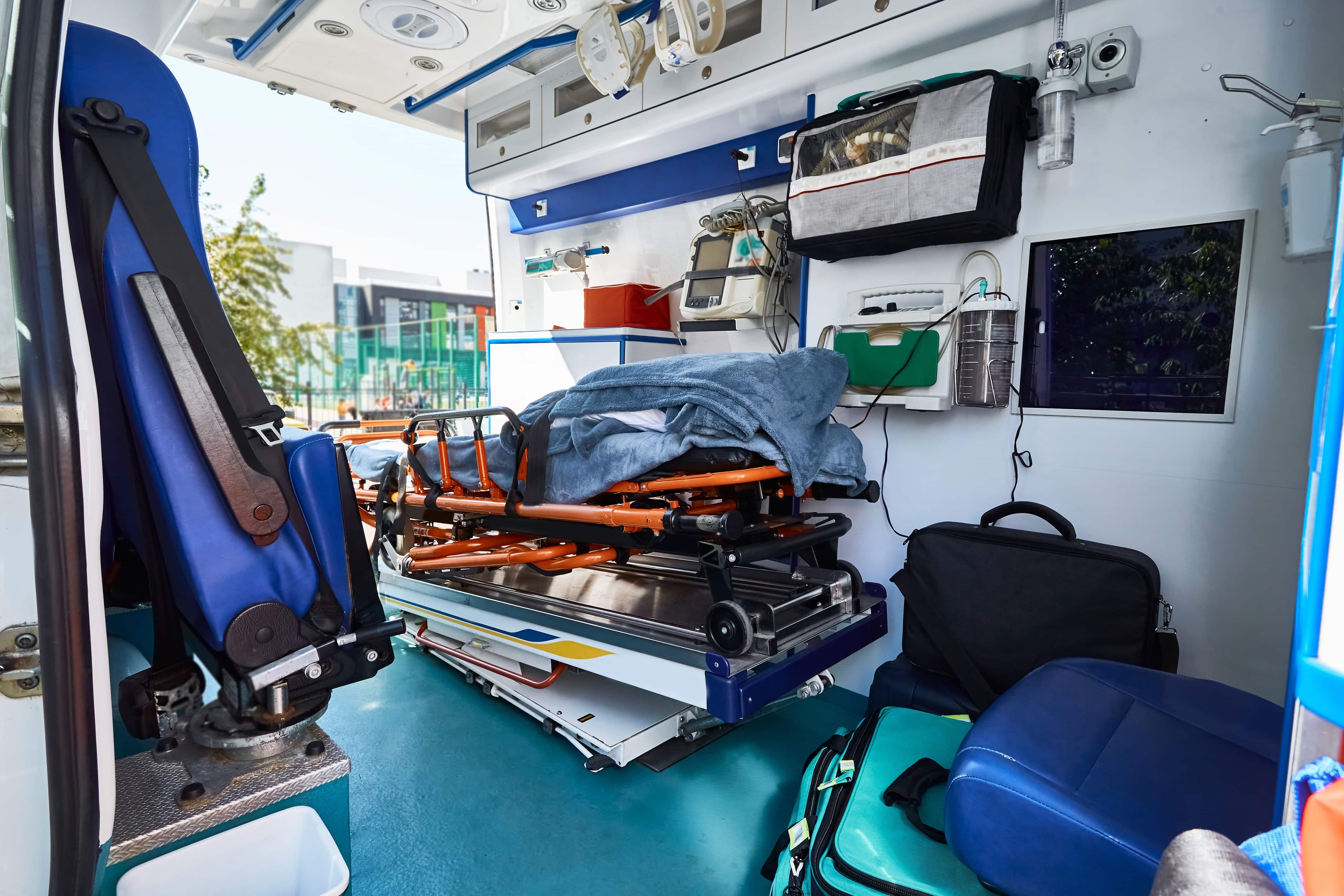 Inside view of a stocked ambulance with equipment