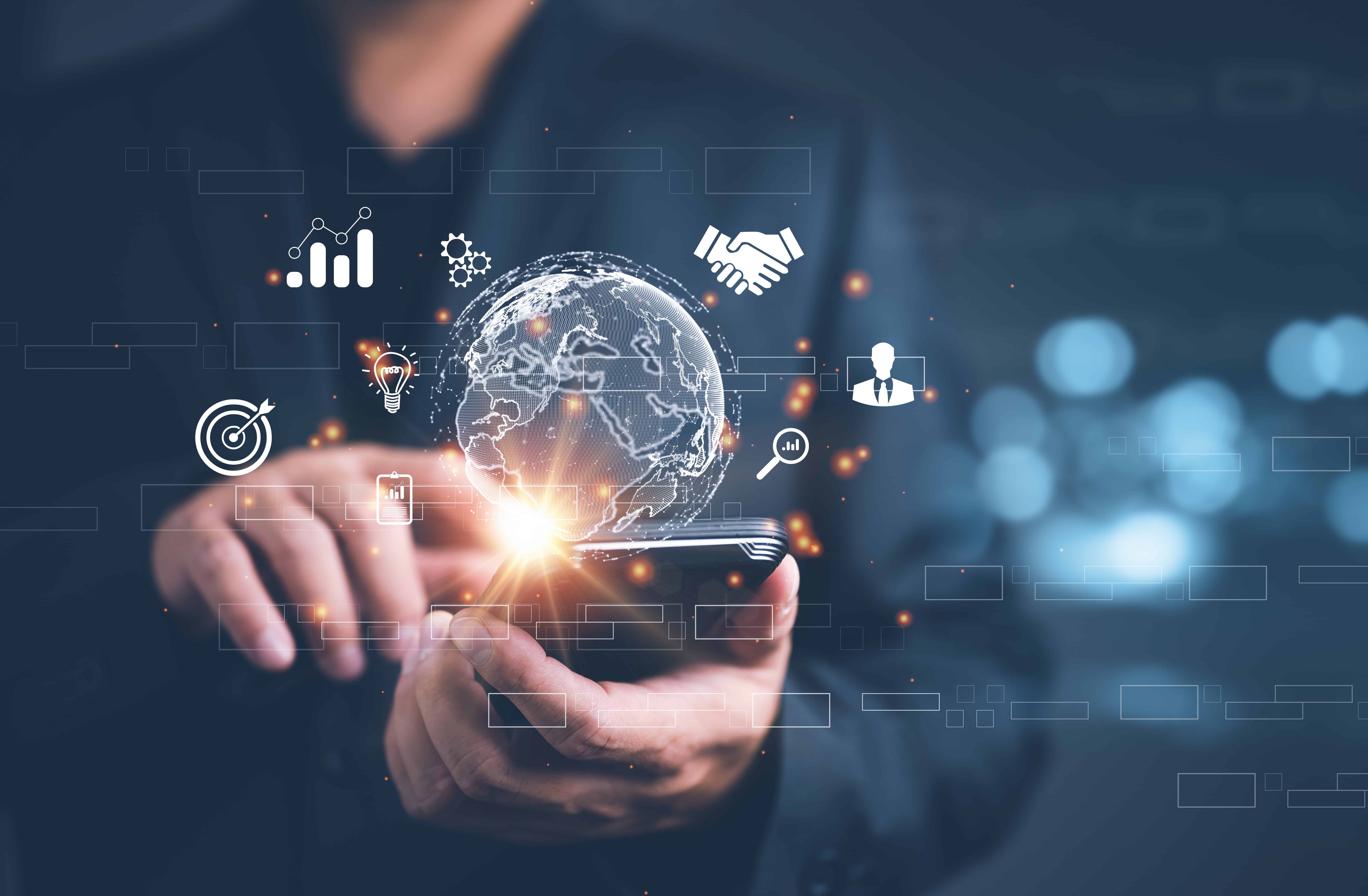 Man using a mobile phone surrounded by virtual symbols